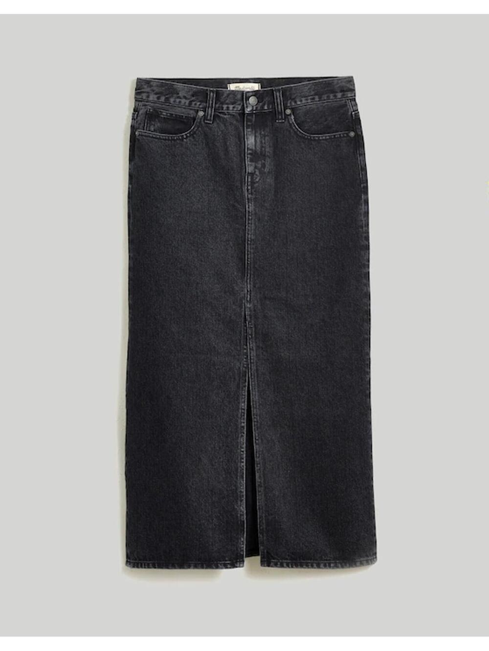 Madewell Black Denim Mid-Rise Maxi Front Split Skirt in Lunar Wash- Size 26